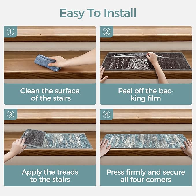 Carpet Stair Treads Non Slip 15PCS, 8" X 30" Edging Stair Runner for Wooden Steps Indoor, Resistant Stair Rugs with Reusable TPE Adhesive Backing, Residue Free Mat for Kids, Elders, Pets, Teal