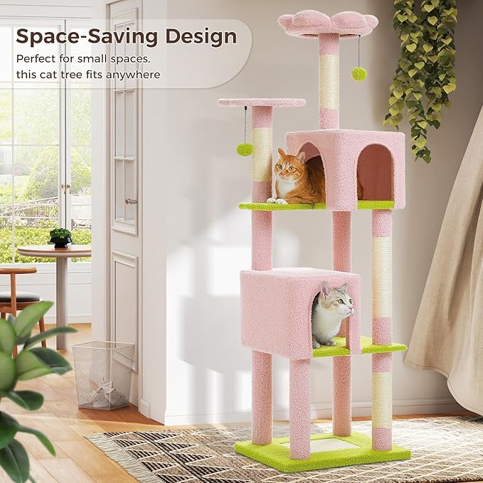 MUTTROS 62" Cat Tree for Indoor Cats, Multi-Level Cat Tower for Large Cats with Scratching Posts, 2 Spacious Plush Condos, Padded Perch, Soft Cat Bed, Scratching Pad & 2 Pompoms, Pink