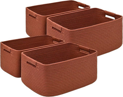 4 Pack Large Storage Basket for Organizing, 17.5"x13"x7" Woven Basket for Shelves, Closet Cube Storage Bins with Wrapped Handle, Cotton Rope Baskets for Kitchen, Clothes, Toys(Oxide Red)