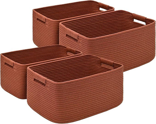 4 Pack Large Storage Basket for Organizing, 17.5"x13"x7" Woven Basket for Shelves, Closet Cube Storage Bins with Wrapped Handle, Cotton Rope Baskets for Kitchen, Clothes, Toys(Oxide Red)