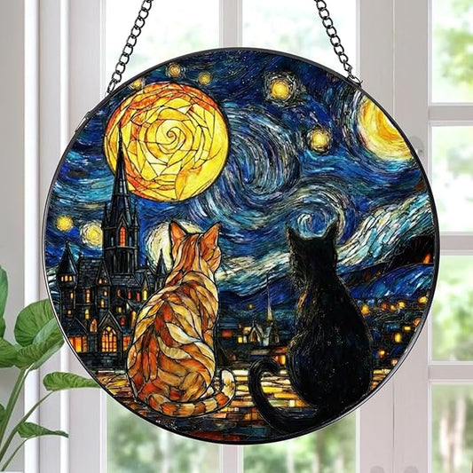 Stained Glass Window Hanging, 7.8″ Cat Oil Painting Sun Catchers with Hook Indoor Window Decor, Decorative Suncatchers Hanging Ornaments Home Garden Art Gift for Housewarming