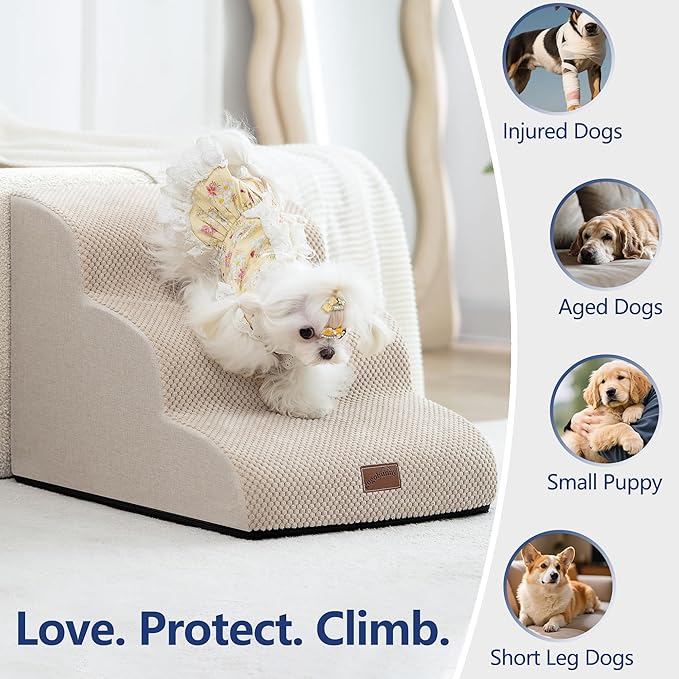 GoGoBunny Ramp Dog Stairs for High Beds 24.4" H, 5-Step Extra Wide Dog Slope Stairs with Durable Waterproof Fabric Cover, Pet Steps for Old Large Dogs Climbing, Non-Slip Sturdy Indoor Step, Beige