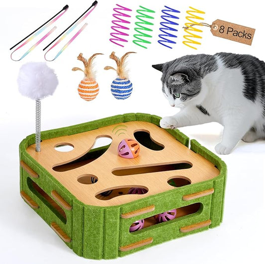 5-in-1 Cat Toys Interactive Wooden Cat Puzzle Toy Intelligence Treat Puzzle Feeder Box Game Enrichment Accessories with Jingle Balls, Wands, and Spiral Springs for Indoor Kitten Adult Cat
