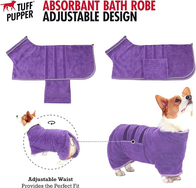 Tuff Pupper Fast Drying Dog Bath Robe | 800 GSM Plush Dog Towel Bathrobe/Dressing Gown | Super Absorbent Pet/Puppy Bathrobe | Adjustable Hood & Belly Strap | Super Soft | Fast Drying (XL, Purple)