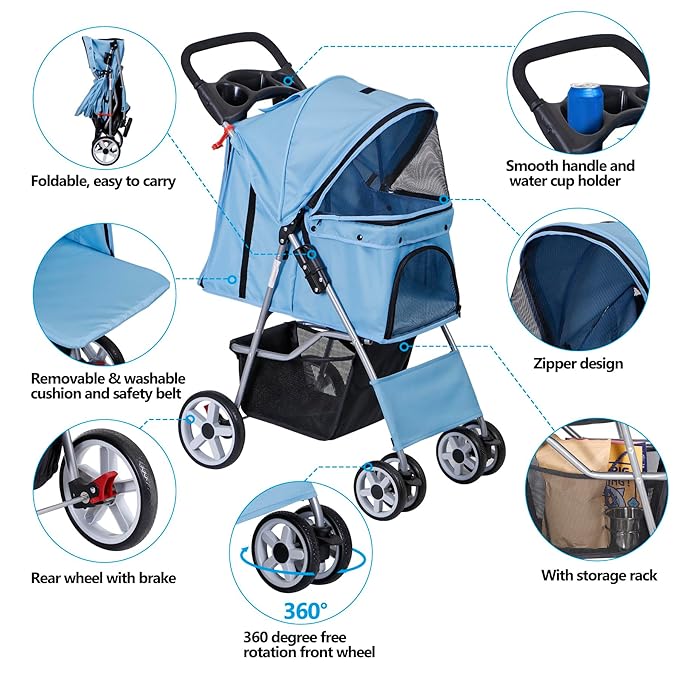 LEMY Pet Stroller,4 Wheels Dog Cat Stroller for Small Medium Dog Cats Carrier Jogger Travel Foldable Puppy with Storage Basket and Cup Holder(Blue)
