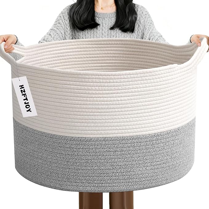115L Large Blanket Basket,23.6" L x 23.6" W x 15.7" H Rope Woven Baskets with Handles, Toys Storage Bins,Laundry Basket Perfect for Living Room, Nursery,Bedroom,Home Organization,White&Grey