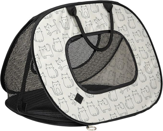 SportPet Designs Pop Open Cat Carrier, Soft-Sided Collapsible Travel Carrier for Cats up to 15 lbs, Lightweight Portable Design with Mesh Ventilation & Secure Zippers, Cat Print