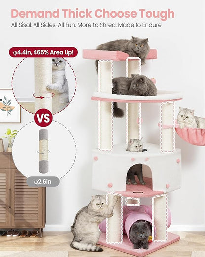 Cat Tree Tower for Large Cats Adult - 60 Inch XXL Sturdy Heavy Duty Extra Wide Scratching Posts (φ4.4in) Condo - Indoor Big Cat House Hammock Perch - XL Wood Multi Level Feline Pet Bed Trees Houses