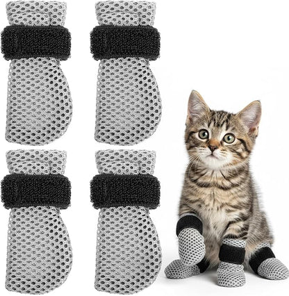 Qianyu 4 Pcs Cat Boots Anti Scratch Mittens Gloves Mesh Cat Claw Protectors Foot Covers Adjustable Breathable Kitten Shoes to Prevent Scratching for Pet Bathing Feeding Cutting Nails Trimming