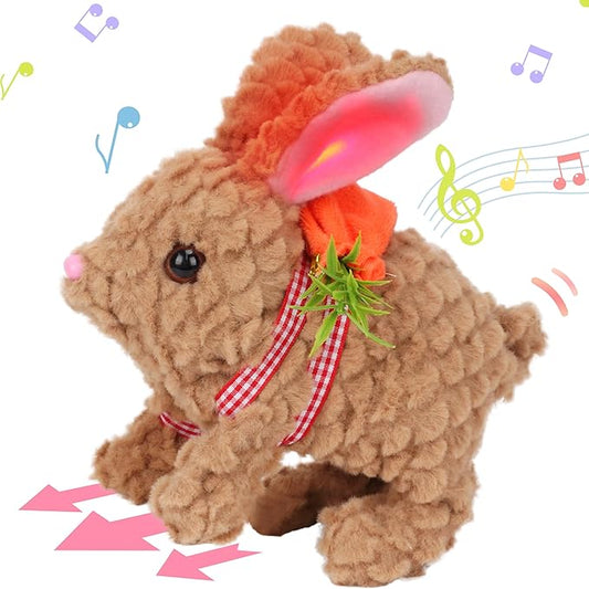Hopearl Hopping Rabbit with LED Ears Carrot Backpack Interactive Plush Bunny Toy with Sounds Animated Walking Wiggle Light up Ears Twitch Nose Gift for Toddlers, Brown, 7''