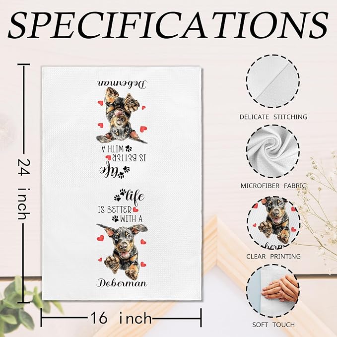 Doberman Gifts Kitchen Towels Set of 2, Funny Dog Hand Towels for Kitchen Bathroom Decor, Life is Better with A Doberman Gifts for Women Dog Lovers Moms Owners Dishcloths Dish Towel 16X24 Inches