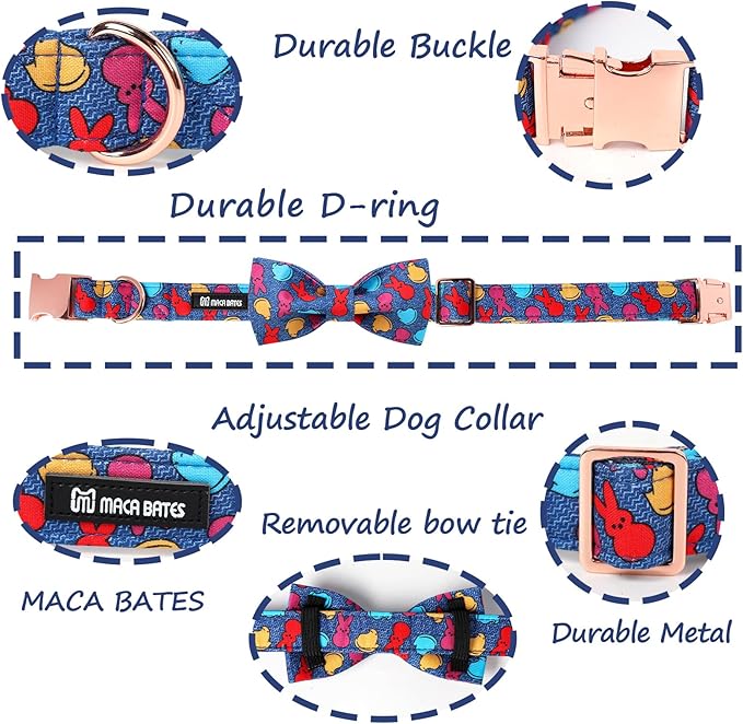 Maca Bates Easter Day Rabbit Dog Collar with Fancy Bow Tie for Extra Small Girl Boy Dogs, Blue Bunny Chick Pattern,Adjustable Durable Soft Breakaway Collars for Male Female Puppy