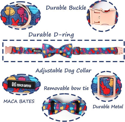 Maca Bates Easter Day Rabbit Dog Collar with Fancy Bow Tie for Extra Small Girl Boy Dogs, Blue Bunny Chick Pattern,Adjustable Durable Soft Breakaway Collars for Male Female Puppy