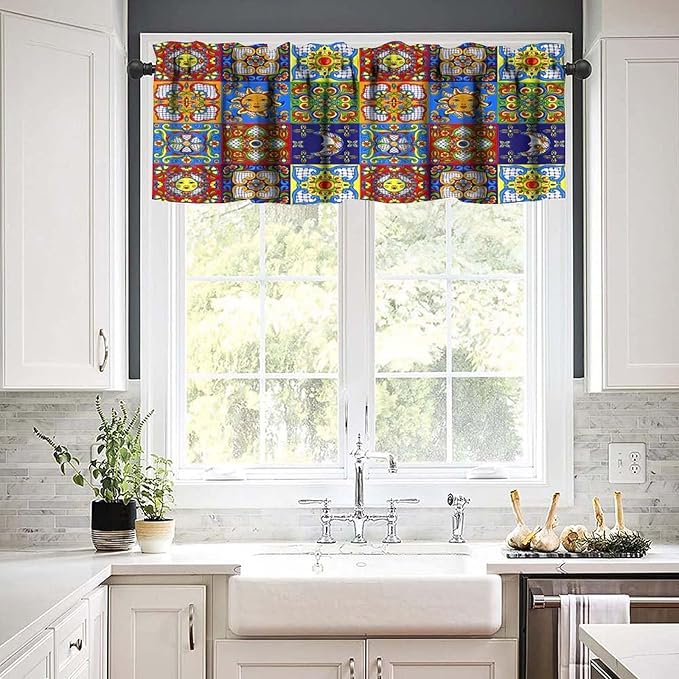 Mexico Fiesta Valance Curtains Mexican Fiesta Cinco De Mayo Ceramic Tiles Rustic Pattern Window Treatment Valances Short Curtains Rod Pocket Drape for Dining Room Home Kitchen Decor, 54x18inch