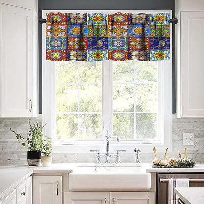 Mexico Fiesta Valance Curtains Mexican Fiesta Cinco De Mayo Ceramic Tiles Rustic Pattern Window Treatment Valances Short Curtains Rod Pocket Drape for Dining Room Home Kitchen Decor, 54x18inch