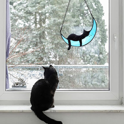 BOXCASA Black Cat on Moon Stained Glass Witchy Gifts for Women - Indoor Suncatchers for Windows Hanging,Christmas for Cat Lovers (with Suction Cups and Chains)