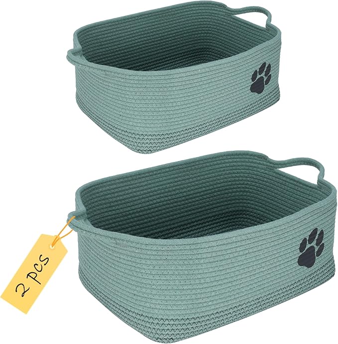 Set of 2 Woven Dog Toys Basket,Green Baskets for Dog Cat Toy,100% Cotton Rope Pet Toy Bin with Handles,Puppy Bed,Dog Storage Organizer for Toys,Collar,Leash,Nursing Supplies