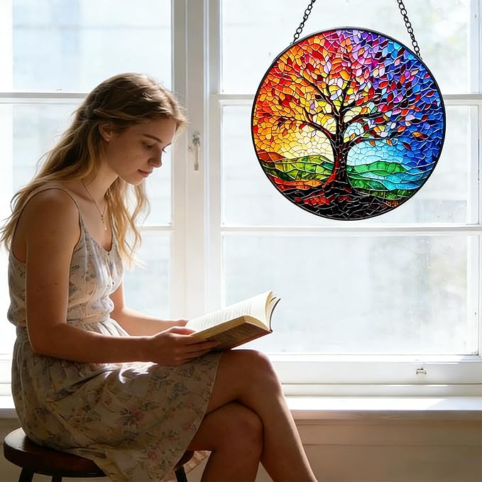 Stained Glass Tree of Life Suncatcher - 7.8In Handcrafted Window Hanging & Wall Art for Home, Living Room, Garden & Outdoor Porch Decor - Birthday, for Women Mom Teacher