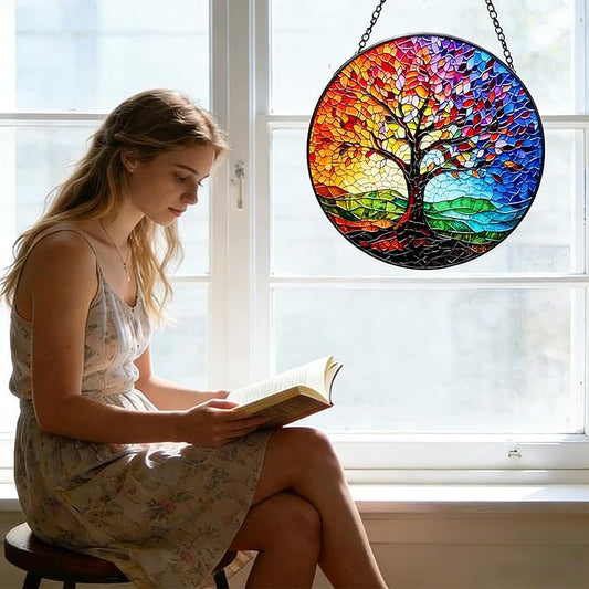 Stained Glass Tree of Life Suncatcher - 7.8In Handcrafted Window Hanging & Wall Art for Home, Living Room, Garden & Outdoor Porch Decor - Birthday, for Women Mom Teacher
