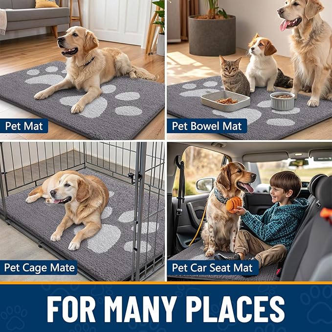 Smiry Dog Door Mat for Muddy Paws, Absorbs Moisture and Dirt, Low-Profile Entryway Mat with Non-Slip Backing, Entry Indoor Outdoor Doormat for Inside Floor (48x30 Inches, Light Grey, Paw)