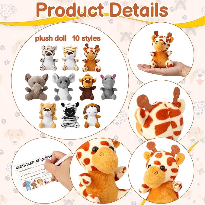 40Pcs Adopt A Pet Party Favors Mini Stuffed Animals Plush Toy Set Includes 10Pcs Safari Jungle Animal Plush Toys, Birthday Hats, Kraft Paper Boxes, Adoption Cards for Adopt A Animal Party