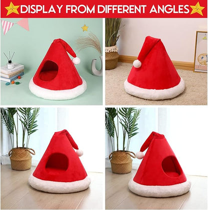 NIBESSER Cat Bed Christmas Hat Cat Tent House Self-Warming 2 in 1 Removable Comfortable Triangle Pet Teepee Xmas Dog Cave in Winter (Red)