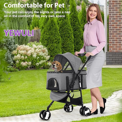 Dog Stroller Pet Strollers 3 Wheel Doggy Stroller for Small Medium Dogs Cats 3-in-1 Detachable Travel Carrier Pet Gear Stroller Wagons for Dogs Trolley for Cat Doggie Rabbit Puppy, Grey