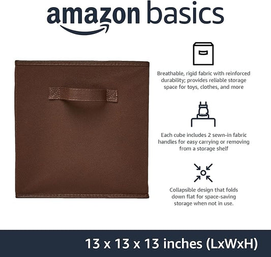 Amazon Basics Cube Organizer Storage Bins Handles, Collapsible Fabric, Pack of 6, 13"x13"x13", Brown