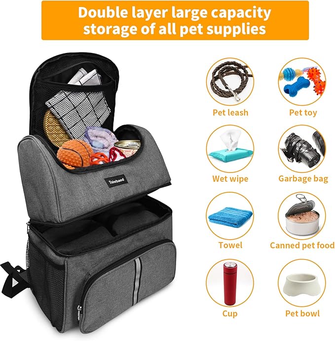 Dog Bags for Traveling Pet Diaper Bag Airline Approved Dog Food Travel Bag with 2 Food Storage Containers Bag Pet Camping Essentials Hiking Accessories Gift Gray