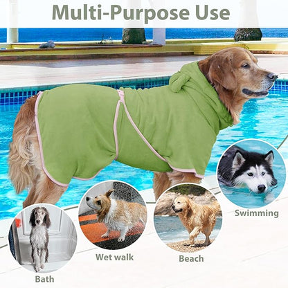 Dog Bathrobe Super Absorbent Towel Robe - Microfiber Bath Towels Fast Drying Coat for Dogs, Cute Dogs Clothes Adjustable Collar & Belly Strap Warm Keeping Hooded Dog Towel (Olive Green, Large)