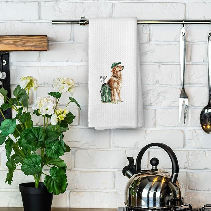 Golden Retriever Kitchen Towels - Golden Retriever Dog Dish Towels, Sports Gifts, Pet Golf Club Decorative Absorbent Dishcloths Hand Towels for Kitchen Gym Decor 16x24 Inches