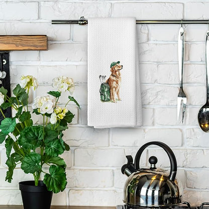 Golden Retriever Kitchen Towels - Golden Retriever Dog Dish Towels, Sports Gifts, Pet Golf Club Decorative Absorbent Dishcloths Hand Towels for Kitchen Gym Decor 16x24 Inches