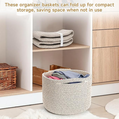 Small Rope Baskets for Storage, Baskets for Gifts Empty, Cute Round Woven Basket, Decorative Shelf Baskets 9.82×9.82×7.1", Cotton Toy Basket Storage Bins for Organizer 3 Packs-Brown