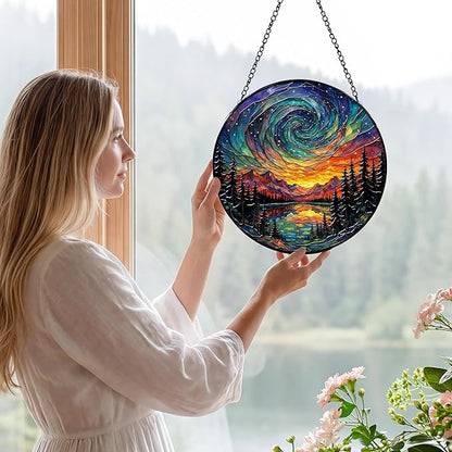 Sanwarm Stained Glass Window Hanging, Galaxy Sky Mountain Suncatcher Window Decor for Indoor Home Sun Catcher Ornament, Mother’s Day & Birthday Gift for Women, Men, Mom & Nana, 7.8 in