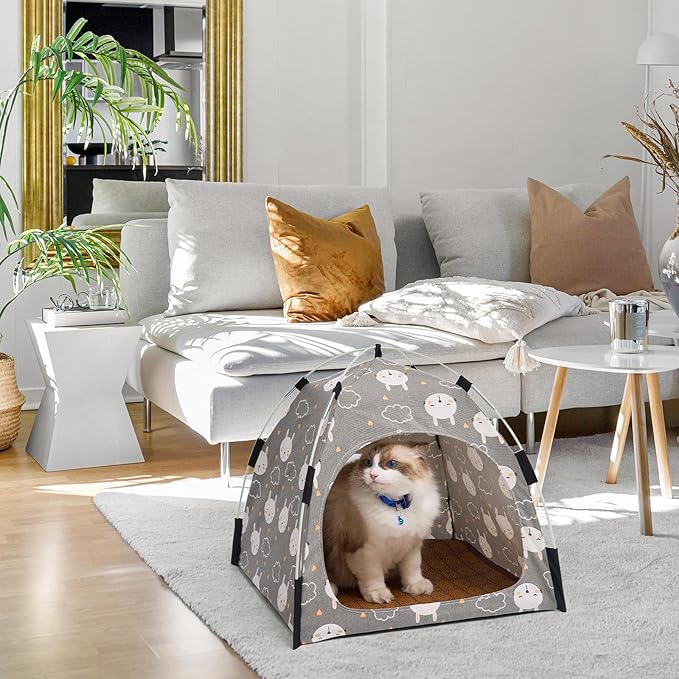 Cute Gray Pet Cave - Indoor Cat Tent and Pet House with Non-Slip Sole and Removable Cushions, Suitable for Small Dogs and Kittens