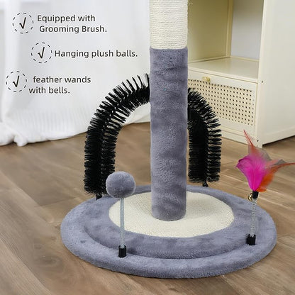 ROYPET Multifunctional Cat Scratching Posts for Indoor Kittens,Cat Scratching Posts for Play and Activity,Scratching Posts with Feather Toys and Self-Grooming Brush,Grey