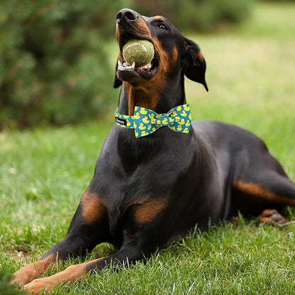 Maca Bates Summer Cute Duck Dog Collar with Bow Tie Funny Ducky Puppy Bowtie Collars Adjustable Durable Breakaway Green Fun Fancy Thick Collar for Boy Girl Male Female Dogs,Small