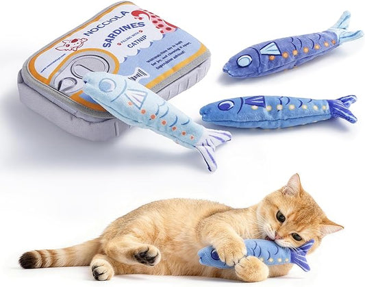 Nocciola Catnip Toys for Indoor Cats - 3 Pack Cat Toys Fish with Sardine Can Pouch, Cat Nip Toys Cat Kicker Toy with Crinkle Paper, Interactive Cat Toy for Kitten Enrichment, Cat Gifts