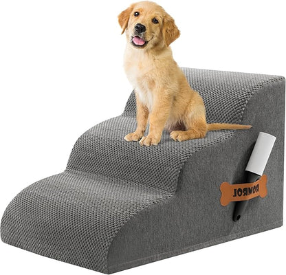 Romrol Dog Stairs Ramp for High Bed, 33D Pet Stairs Steps with Durable Non-Slip Waterproof Fabric Cover, Dog Slope Stairs to Bed for Small Dogs and Cats or Pets Joints, 3-Steps