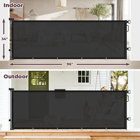 96" Retractable Baby Gates Large Openings, Extra Wide Mesh Dog Gate for Garage Deck Porch, Strong Suction Disc Prevent Crawling Under, 34" Tall Long Safety Gate for Child Indoor Outdoor, Black