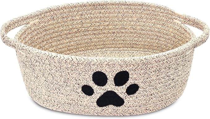 ABenkle Small Woven Basket with Handle, Cute Dog Paw Baskets for Gifts Empty, Decorative Rope Woven Storage Dog Toy Basket, Nursery Baskets for Baby Shower, 12" x 8" x 5"
