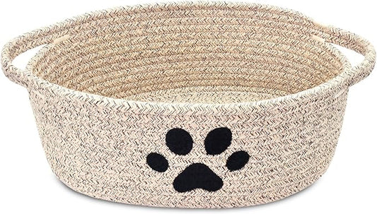ABenkle Small Woven Basket with Handle, Cute Dog Paw Baskets for Gifts Empty, Decorative Rope Woven Storage Dog Toy Basket, Nursery Baskets for Baby Shower, 12" x 8" x 5"
