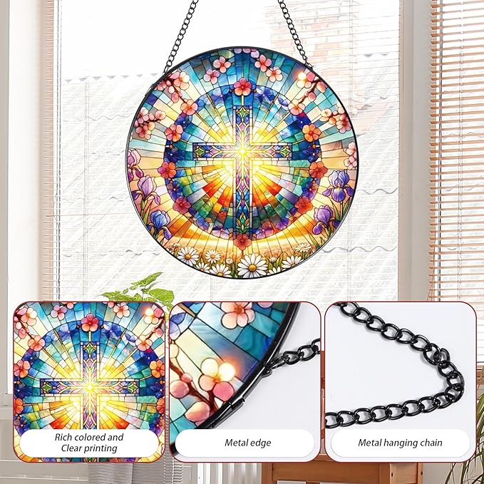 Stained Glass Window Hanging, 7.8″ Cross and Flower Sun Catchers with Hook Indoor Window Decor, Decorative Suncatchers Hanging Ornaments Home Garden Art Gift for Housewarming