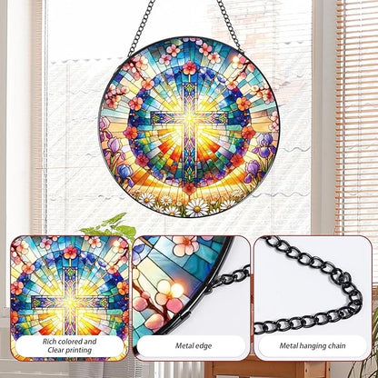 Stained Glass Window Hanging, 7.8″ Cross and Flower Sun Catchers with Hook Indoor Window Decor, Decorative Suncatchers Hanging Ornaments Home Garden Art Gift for Housewarming