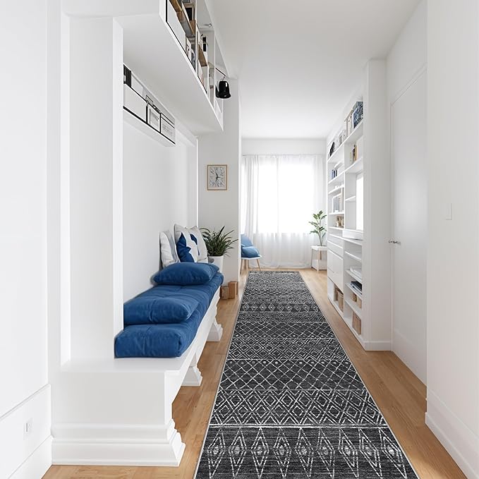 Moroccan 2'6"x12' Hallway Runner Rug: Washable Non Slip Bedroom Rugs - Soft Long Low Pile Farmhouse Neutral Carpet for Entryway Kitchen Laundry 2'6"x12' Black