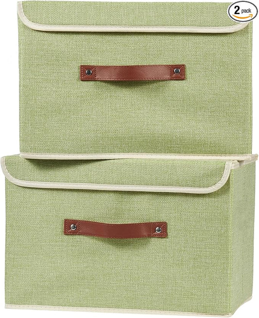 2PCS Storage Boxes with Lid Cotton Linen Fabric Storage Bins Organizer Container Decorative Collapsible Washable Shelf Closet Baskets Faux Leather Handles Home Bedroom (Green, Large Size)