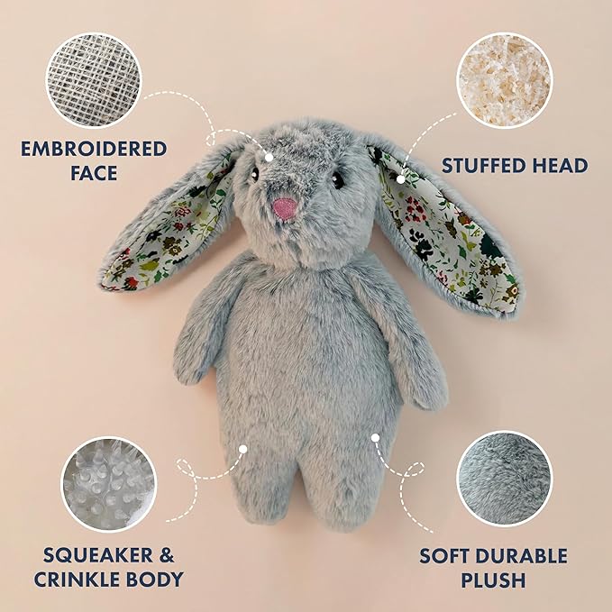 Pet Lou Floppy Rabbit Stuffingless Plush Dog Toy with Squeaker and Crinkle Paper, Soft, Durable Plush Dog Chew Toy for Interactive Play, 13 Inch, French Blue