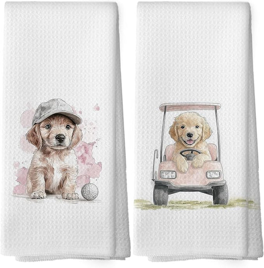 Golf Dog Kitchen Towels - Golden Retriever Dish Towels, Sports Gifts, Pet Golf Club Decorative Absorbent Dishcloths Hand Towels Set of 2 for Spa Kitchen Gym Decor 16x24 Inches