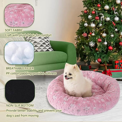 23 Inch Christmas Snowflakes Calming Dog Bed for Small Dogs Cats, Kitty Puppy Round Anti-Anxiety Warm Bed, Soft Cozy Anti-Slip Donut Washable Pet Bed, Fits up to 30 lbs Pets