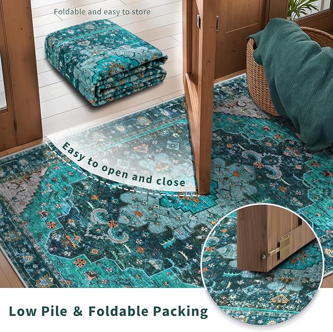Ciicool Washable Runner Rug Nonslip, 2'x6' Teal Hallway Rug Non-Slip Vintage Kitchen Rugs Carpet Runner for Bedroom Laundry Bathroom Decor